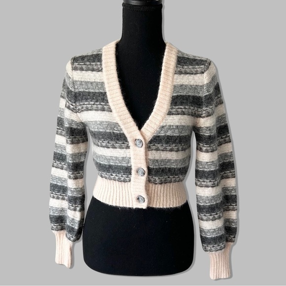 Aritzia Striped Wool Fair Isle Cardigan in Cream and Gray - Picture 4 of 15
